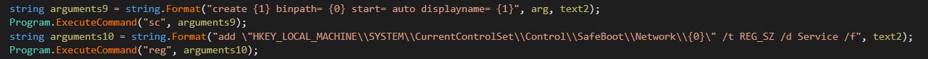 Figure 7. Creating a service and adding registry keys for Safe Mode