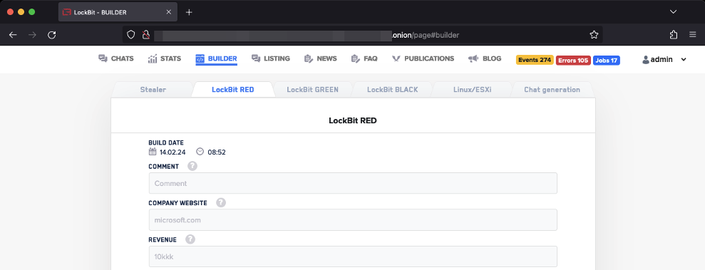 Builder tab that features build information for LockBit’s publicly released versions