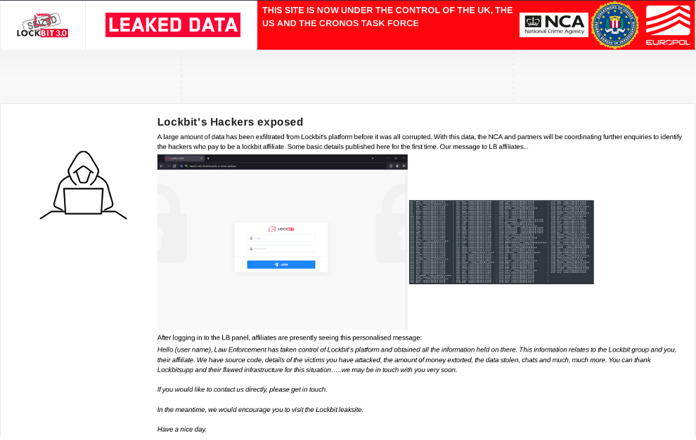 A screenshot of the “Lockbit’s Hackers exposed” page showing law enforcement’s personalised message for affiliates