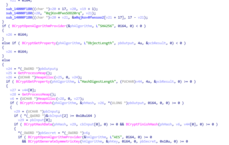 Figure 14. The examined sample shows part of an old decryption technique and the calling of Bcrypt APIs.