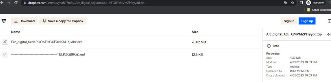 Figure 3. Dropbox storage with the uploader name “RITA MENDEZ”