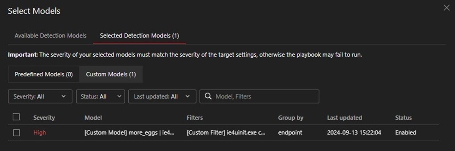 Figure 32. Select custom model as target for Security Playbook 