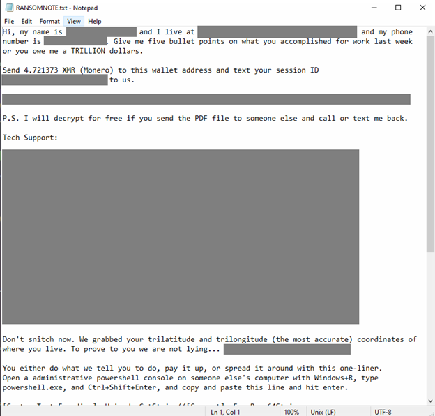 Figure 12. The initial ransom note dropped that uses DOGE-related references to troll