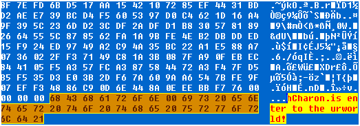 Hex view of an encrypted file with the infection marker “hCharon is enter to the urworld!” at the end