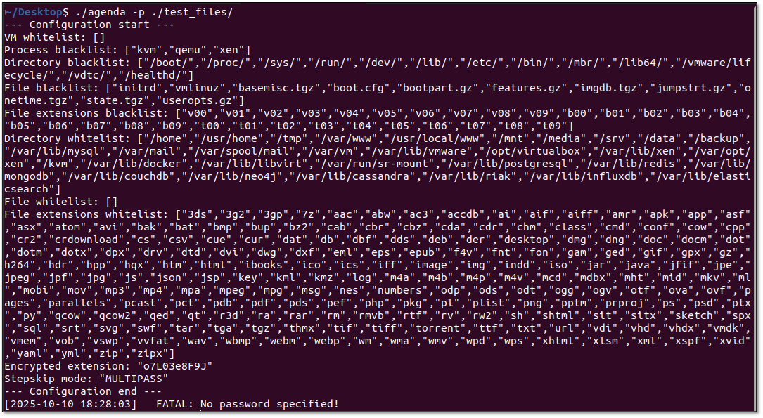 Figure 10. Screenshot showing how the application outputs its configuration to the console upon launch; a password must also be provided