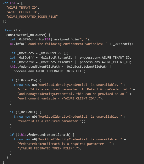 Figure 43. Azure Workload Identity credential harvesting via key environment‑variable checks 