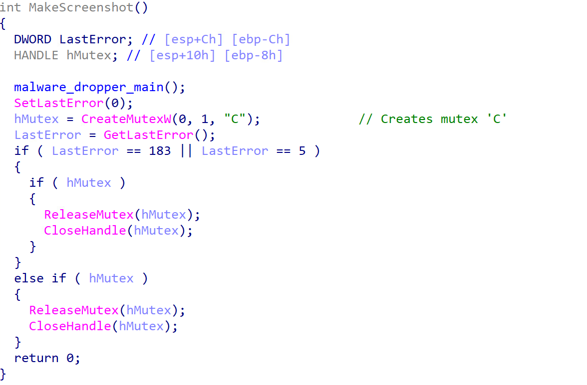 Figure 3. Code snippet showing how the mutex object is created and used by the first-stage downloader