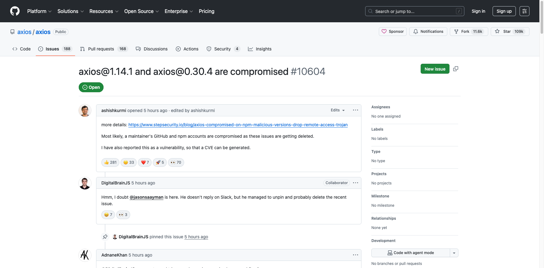 Figure 1. GitHub issue #10604 — the Axios collaborator confirming the compromised maintainer has admin permissions.