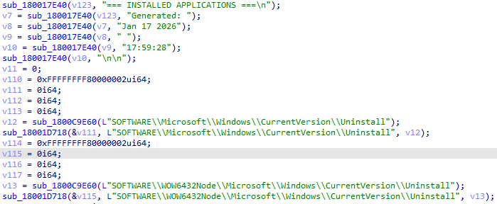 Figure 24. The PAYLOAD_DLL payload writes the hardcoded timestamp along with the installed applications