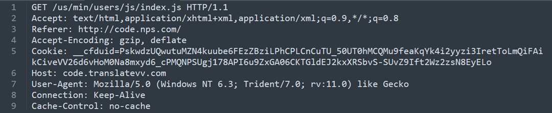 Figure 2. The HTTP GET request containing a cookie that seems to contain the ID or details of the device.