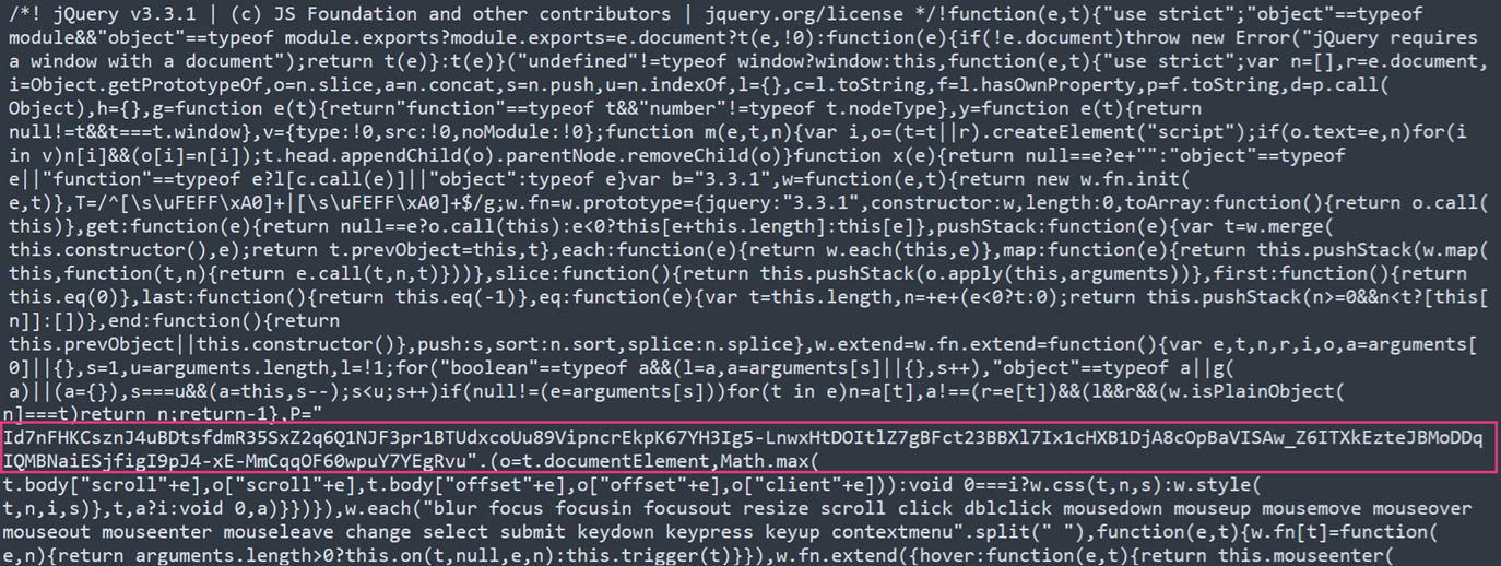 Figure 3. The encoded data is concealed within a jQuery script, designed to blend seamlessly with ordinary web traffic.