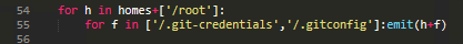 Figure 13. Git credential theft reads .git-credentials and .gitconfig from all user home directories and /root/. 