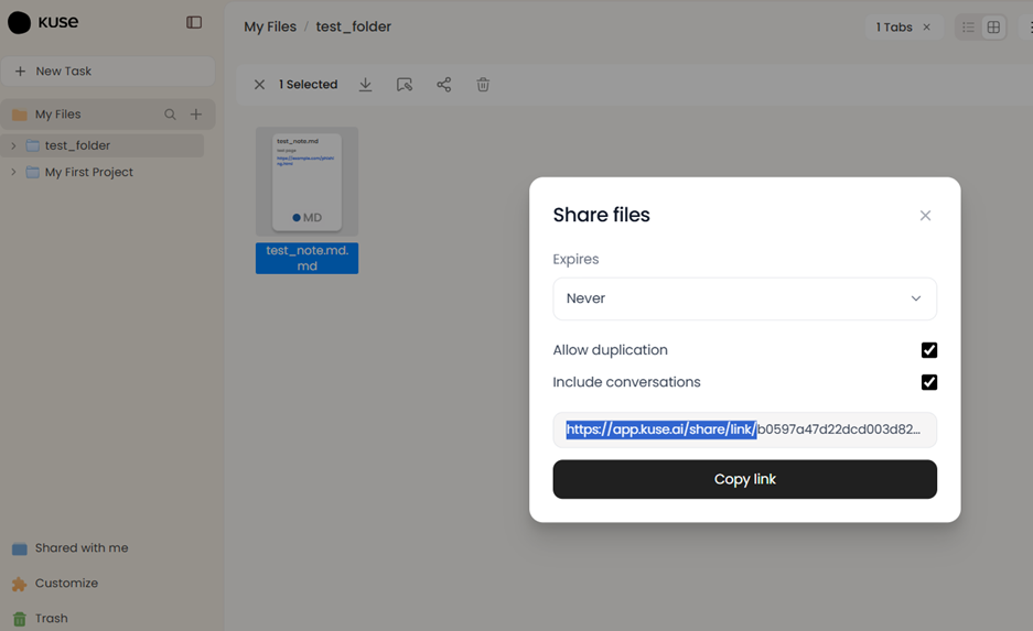 Figure 4. Generating a shareable link through the web app UI.