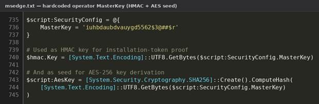 Figure 20. Hardcoded MasterKey reused as both HMAC key and AES-256 derivation seed