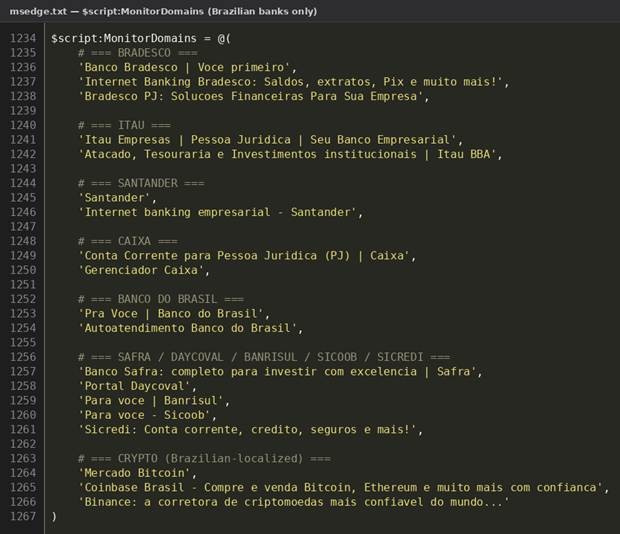 Figure 23. Excerpt from the $script:MonitorDomains array (the full array spans msedge.txt lines 1234–1307)