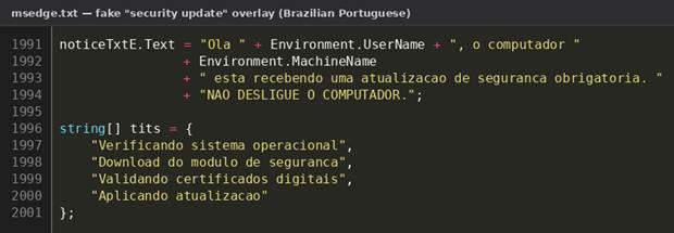 Figure 25. Brazilian Portuguese fake "security update" overlay message, dynamically personalized with the victim's username and hostname