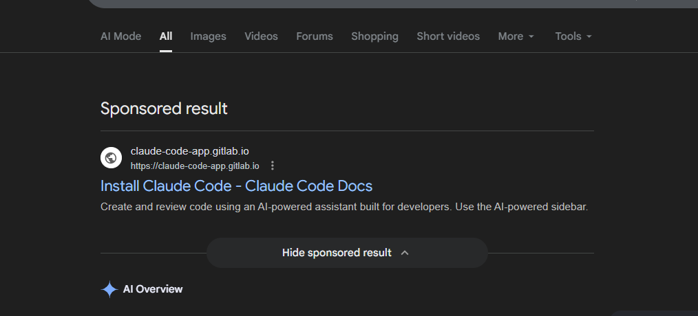 Figure 2. A sponsored result appeared at the top of Google search results when the user was looking for the Claude installer