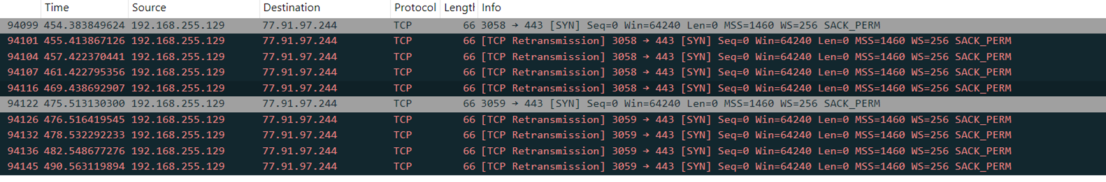 Figure 34. A snippet of the Wireshark for unsuccessful connection