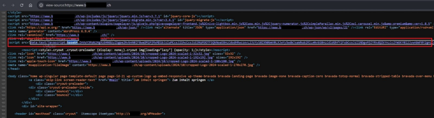 Figure 2: View-source of the Swiss website showing the injected ClearFake Stage 1 loader