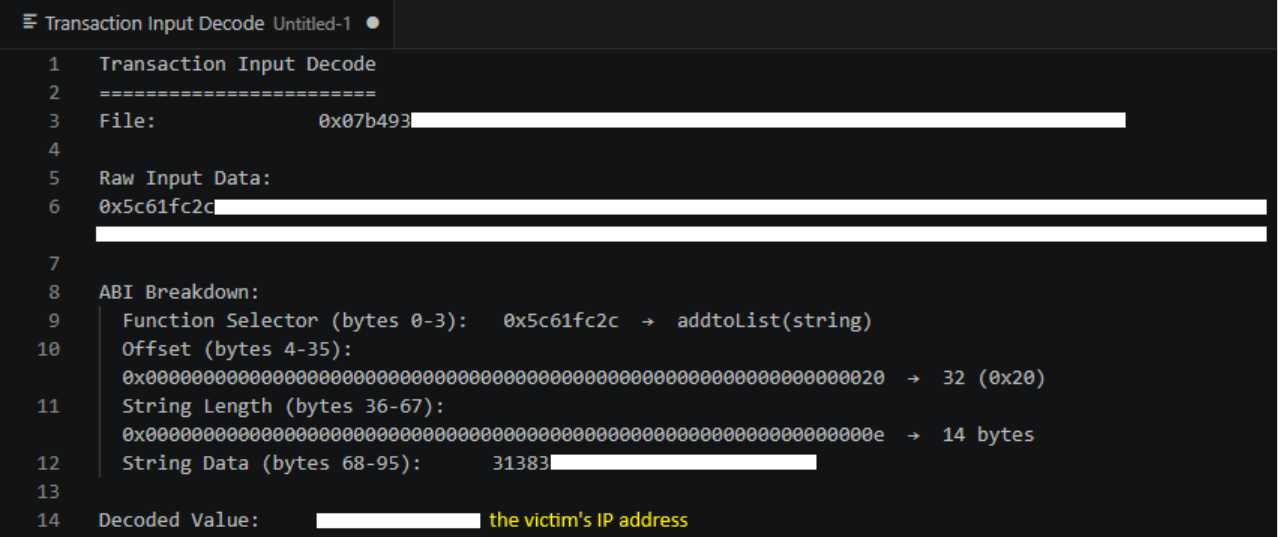 Figure 9. ABI-decoded addtoList() transaction on Smart Contract D, the on-chain execution confirmation written by the threat actor, with decoded victim public IP confirming successful payload execution.