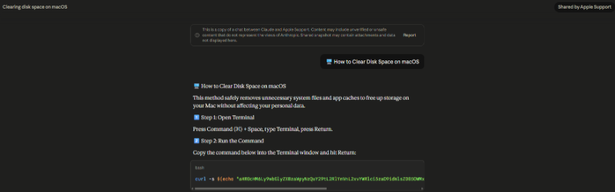 Figure 6. "Apple Support" variant — Shared by Apple Support, titled “Clearing disk space on macOS” 