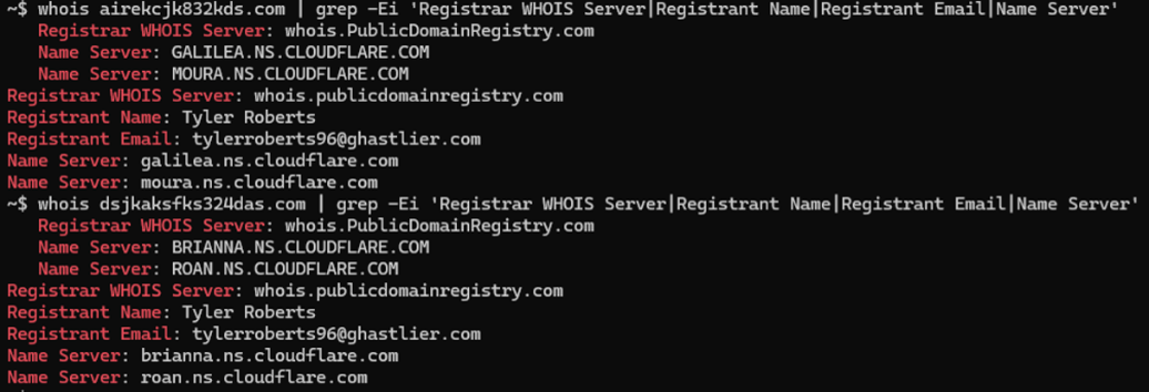 Figure 4. Results of investigating .COM domains using whois