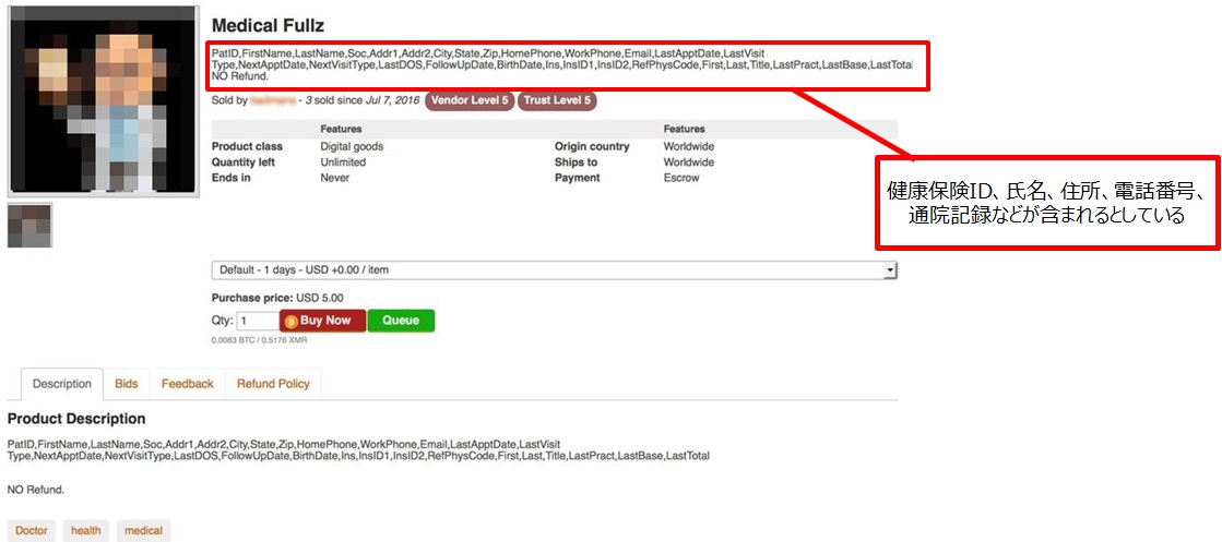 アンダーグラウンドサイトで医療関連情報を販売する画面例