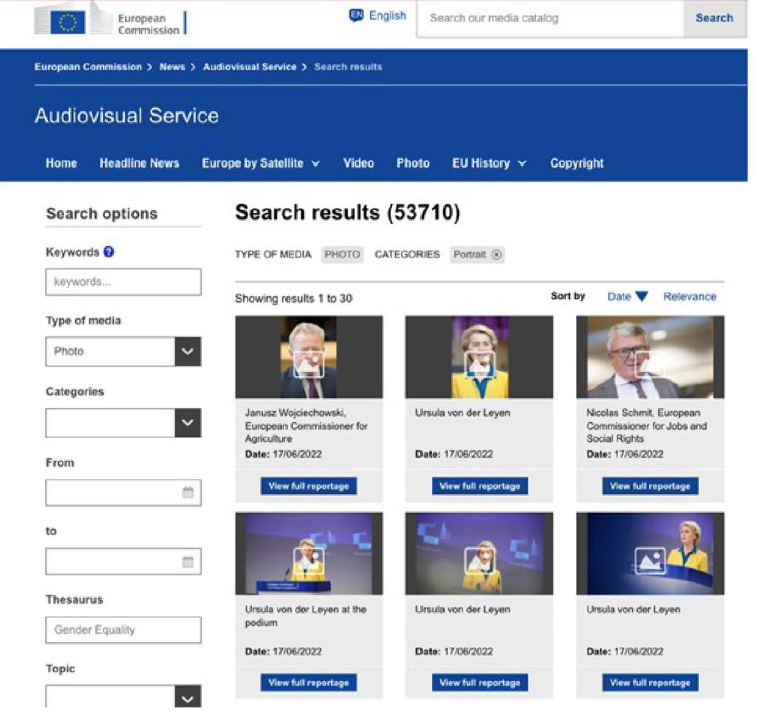 図２：欧州委員会の公式サイトで肖像写真を検索した結果