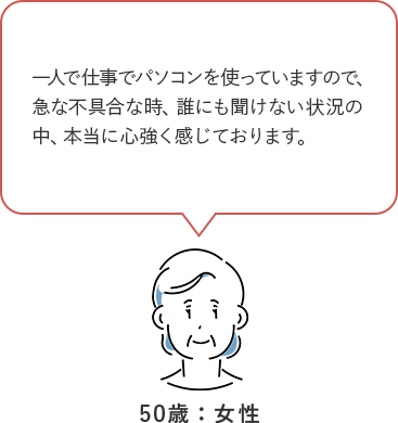 一人で仕事でパソコンを使っていますので、急な不具合な時、誰にも聞けない状況の中、本当に心強く感じております。