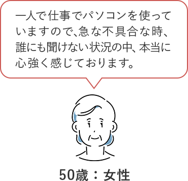 一人で仕事でパソコンを使っていますので、急な不具合な時、誰にも聞けない状況の中、本当に心強く感じております。