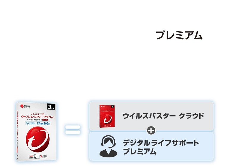 トレンドマイクロ ウイルスバスター クラウド™ + デジタルライフサポート プレミアム ネット詐欺・ウイルス対策などの総合セキュリティ機能に加え、専門スタッフが24時間365日いつでも、デジタルライフのお困りごとによりそってお応えするサービス付き製品です。