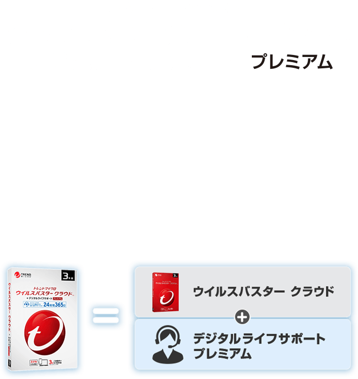 トレンドマイクロ ウイルスバスター クラウド™ + デジタルライフサポート プレミアム ネット詐欺・ウイルス対策などの総合セキュリティ機能に加え、専門スタッフが24時間365日いつでも、デジタルライフのお困りごとによりそってお応えするサービス付き製品です。