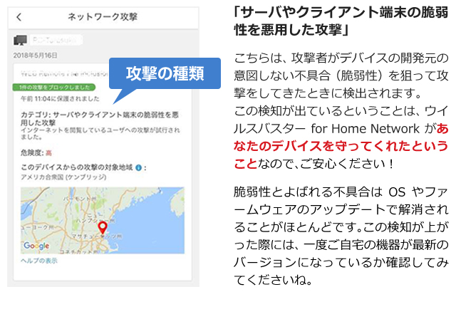 「サーバやクライアント端末の脆弱性を悪用した攻撃」 こちらは、攻撃者がデバイスの開発元の意図しない不具合（脆弱性）を狙って攻撃をしてきたときに検出されます。 この検知が出ているということは、ウイルスバスターfor Home Networkがあなたのデバイスを守ってくれたということなので、ご安心ください！ 脆弱性とよばれる不具合はOSやファームウェアのアップデートで解消されることがほとんどです。この検知が上がった際には、一度ご自宅の機器が最新のバージョンになっているか確認してみてくださいね。