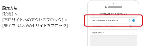 設定方法 [設定] >[不正サイトへのアクセスブロック] >[安全ではないWebサイトをブロック]