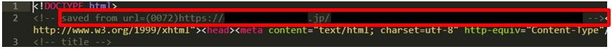 図：正規サイトからデータをコピーしたことを示す痕跡の一例（BP6が設置したとみられる詐欺サイト）※本調査中に確認したフィッシングサイトの情報から抜粋。”saved from url=”から始まる文字列は、特定のWebブラウザでWebサイトを保存した際に付加されるという特徴があり、フィッシングサイト構築者が正規Webサイトを保存したとみられる。