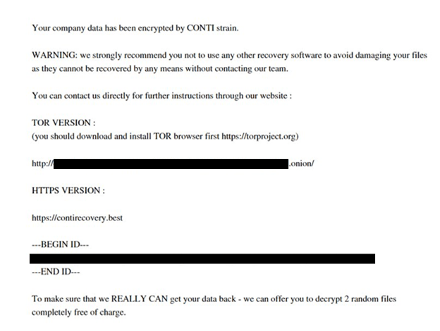 図2：固有の被害者IDが記載されたContiの身代金要求メッセージ 彼らにコンタクトする以外に複合化の方法はないと警告